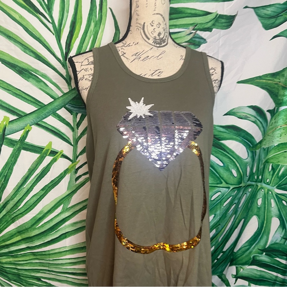 Wildfox White Label S Green Slim Stretchy Engagement Ring Sequin Tunic Tank